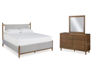 Cama Queen tapizada Lyncott, tocador y espejo