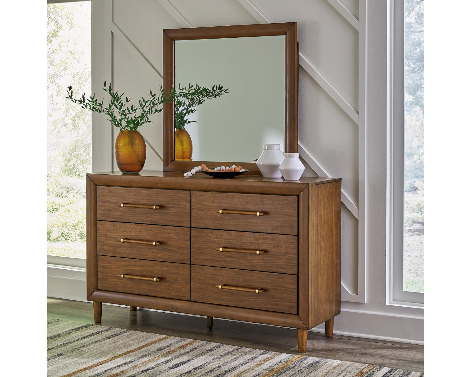 Lyncott Queen Upholstered Bed, Dresser, Mirror and Nightstand