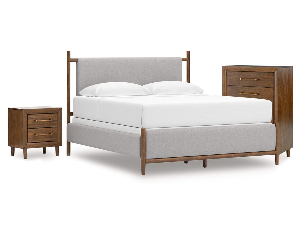 Cama, cómoda y mesita de noche tapizadas Lyncott King