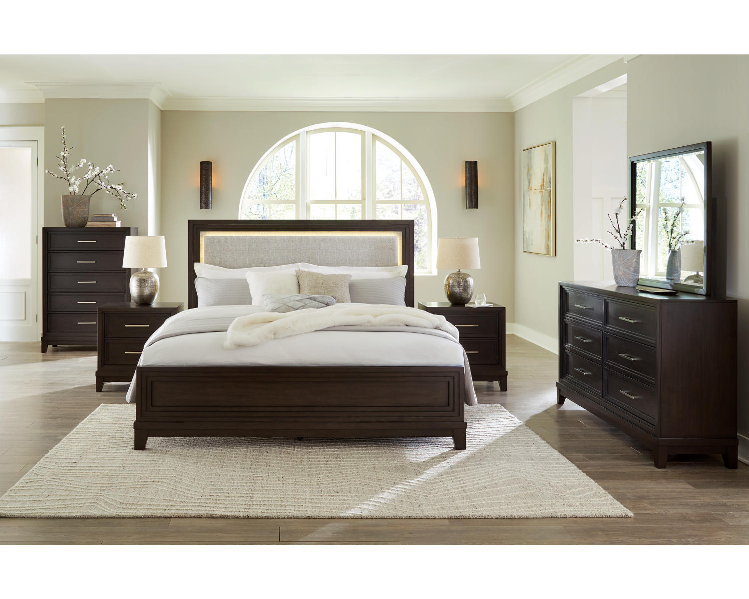 Neymorton Queen Upholstered Panel Bed, Dresser and Mirror