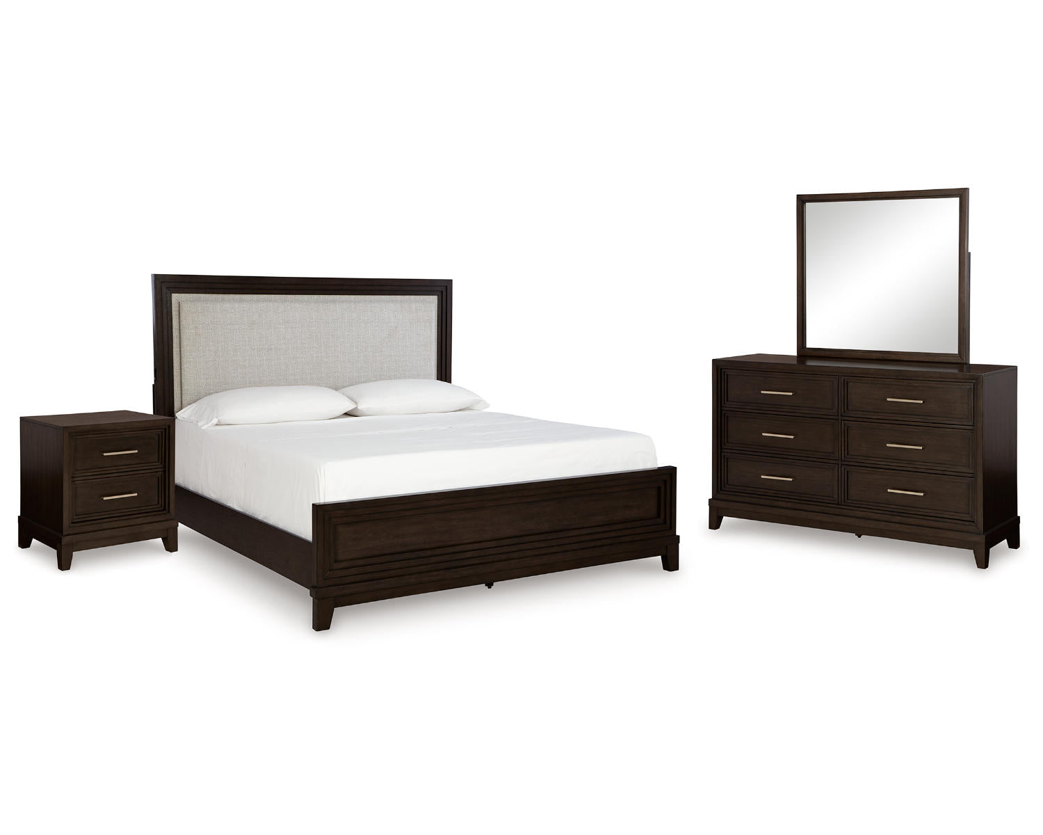 Neymorton Queen Upholstered Panel Bed, Dresser, Mirror and Nightstand