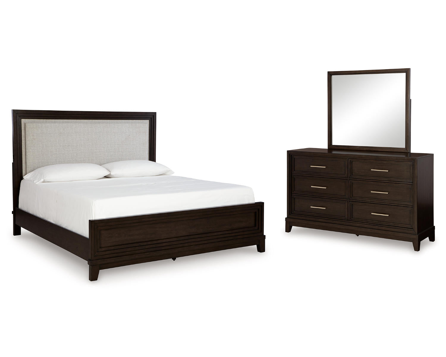 Neymorton Queen Upholstered Panel Bed, Dresser and Mirror