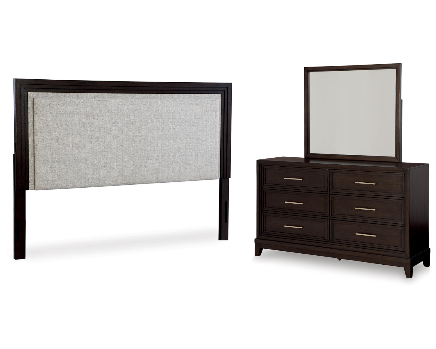 Neymorton King/California King Upholstered Panel Headboard, Dresser and Mirror