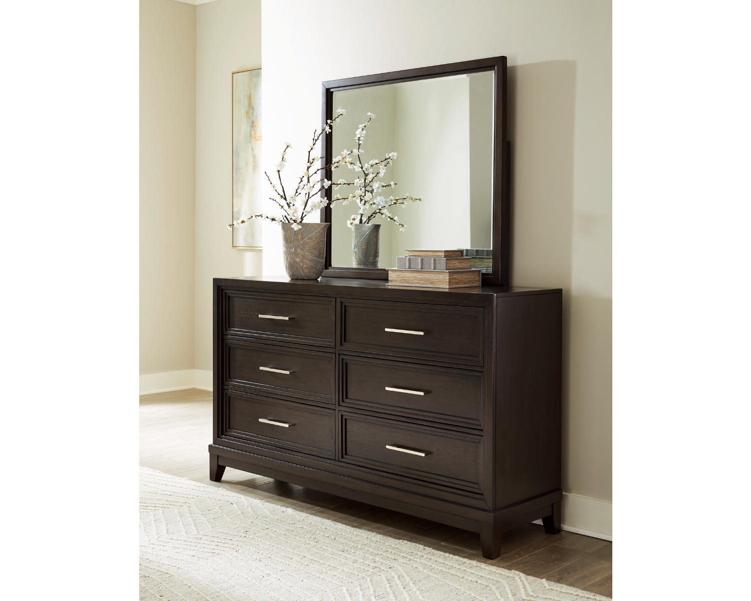 Neymorton Queen Upholstered Panel Bed, Dresser and Mirror