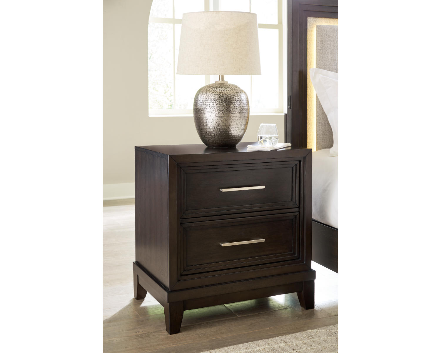 Neymorton Queen Upholstered Panel Bed, Dresser, Mirror and Nightstand