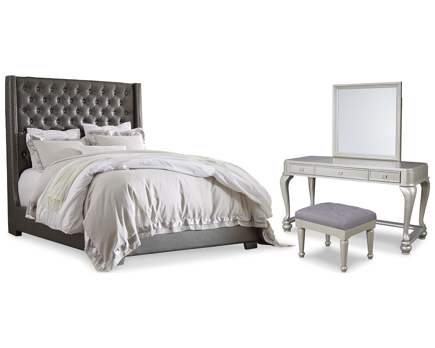 Coralayne Queen Upholstered Bed, Vanity and Mirror