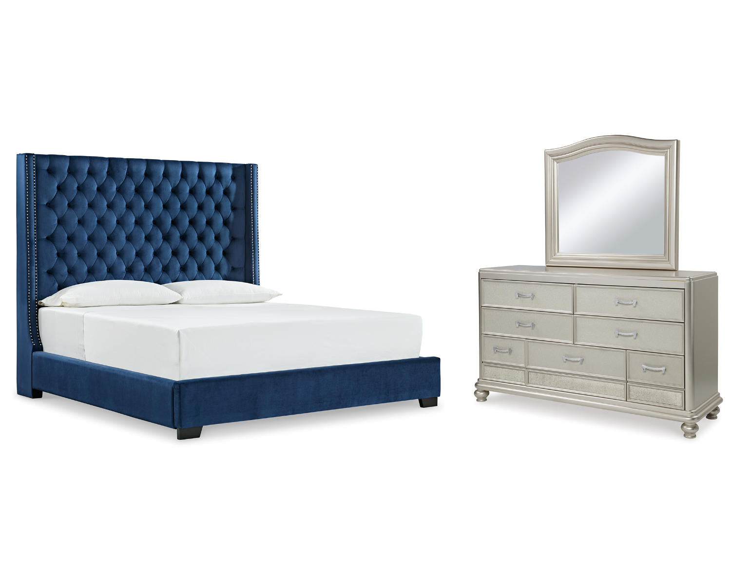 Coralayne King Upholstered Bed, Dresser and Mirror