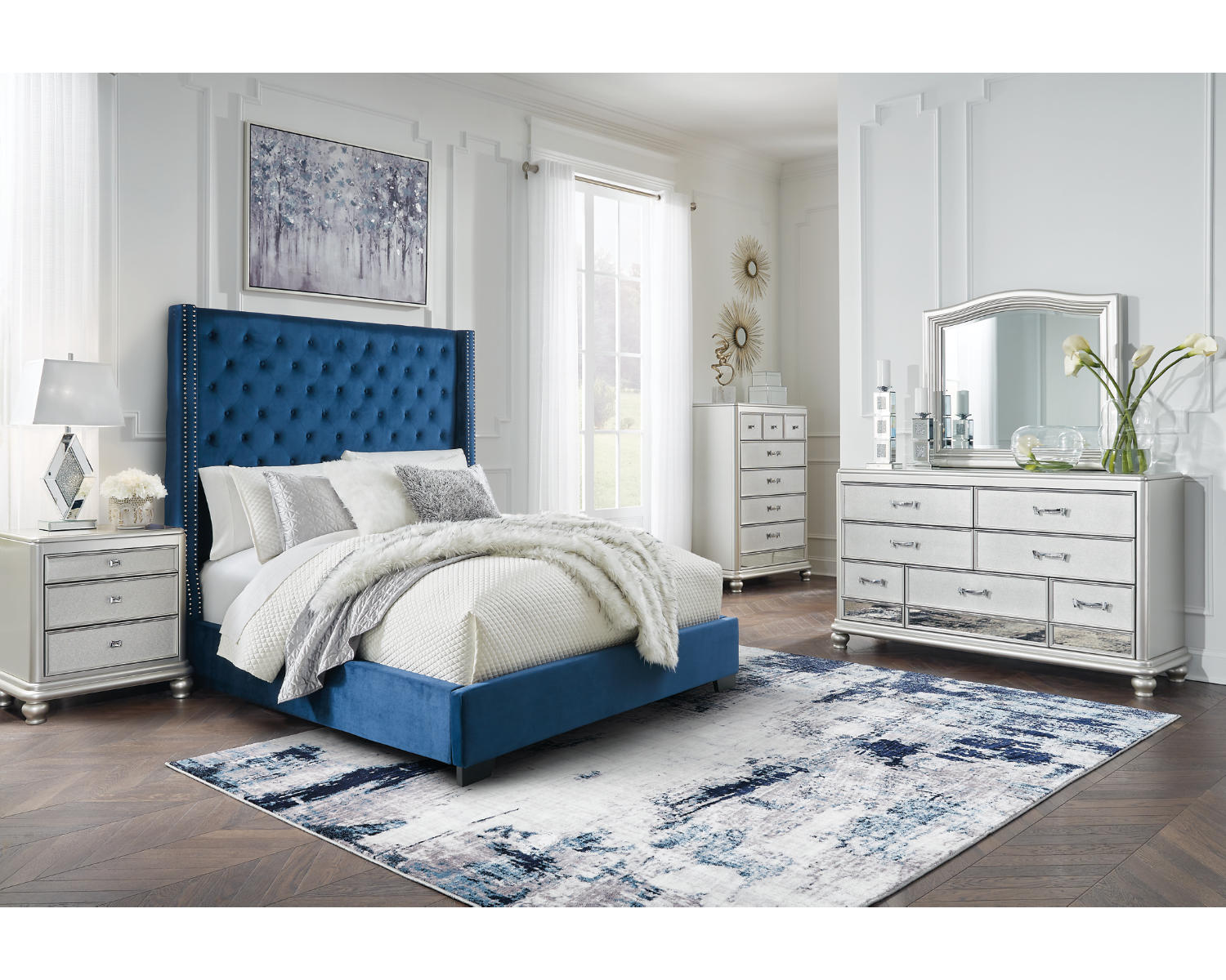 Coralayne Queen Upholstered Bed, Dresser, Mirror, Chest and Nightstand