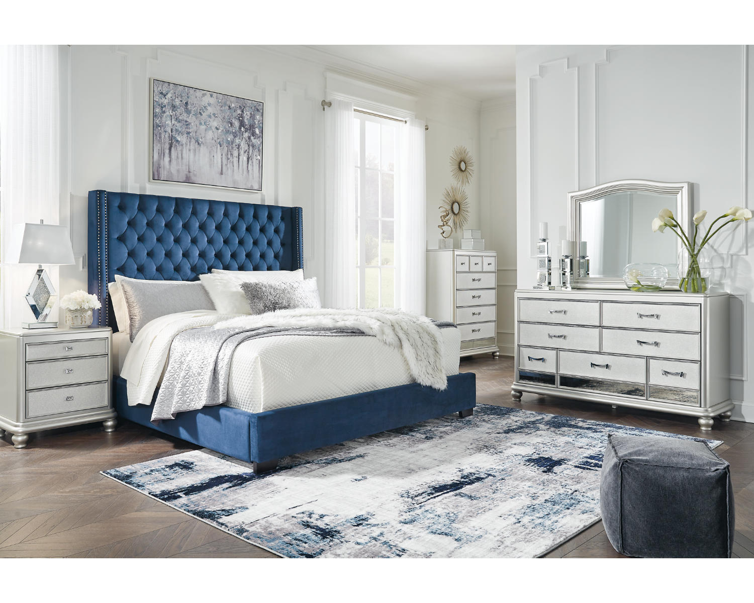 Coralayne King Upholstered Bed, Dresser, Mirror, Chest and 2 Nightstands