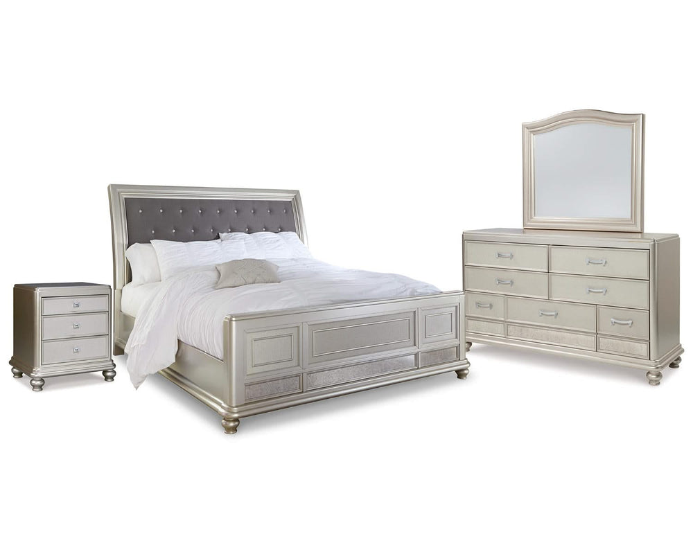 Cama tipo trineo Coralayne King, tocador, espejo y mesita de noche