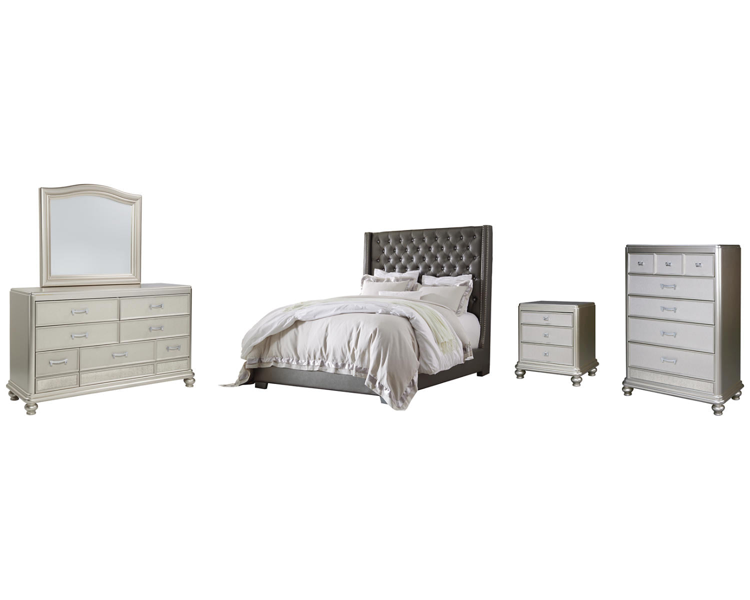 Coralayne Queen Upholstered Bed, Dresser, Mirror, Chest and Nightstand