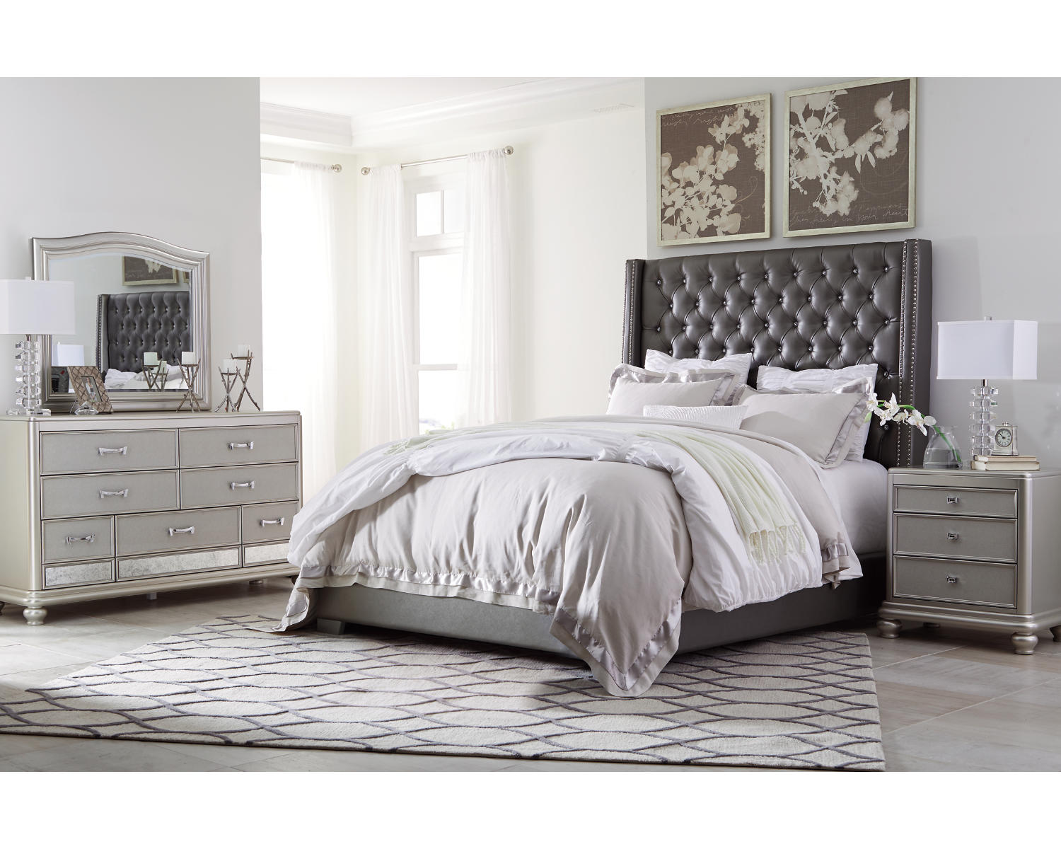 Coralayne King Upholstered Bed with Mirrored Dresser and Nightstand