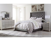 Coralayne King Upholstered Bed with Mirrored Dresser and Nightstand