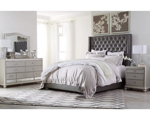 Coralayne King Upholstered Bed with Mirrored Dresser and Nightstand