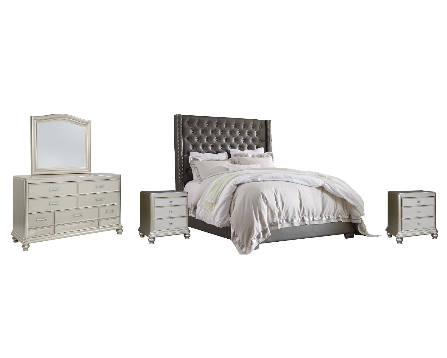 Coralayne King Upholstered Bed, Dresser, Mirror and 2 Nightstands