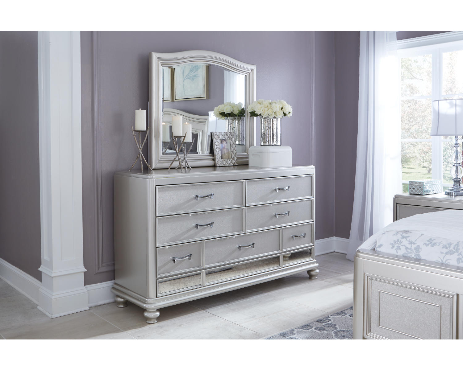 Coralayne Queen Upholstered Bed, Dresser, Mirror, Chest and Nightstand