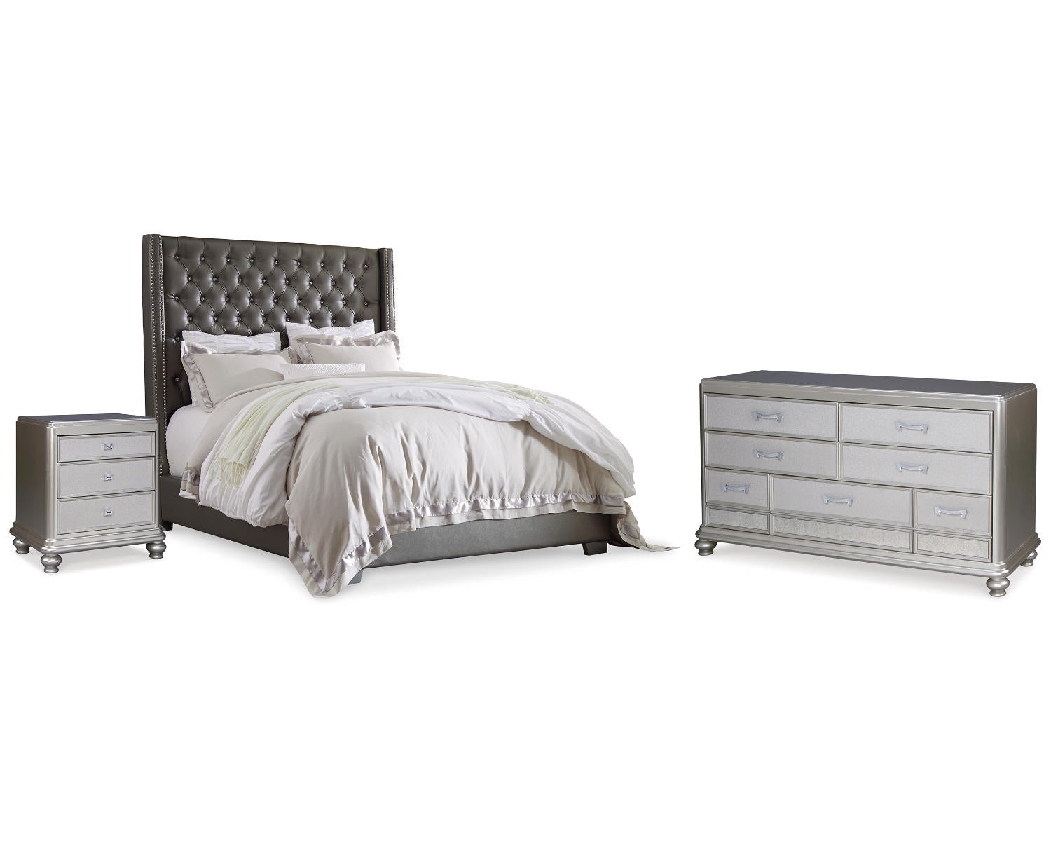 Coralayne Queen Upholstered Panel Bed, Dresser and Nightstand