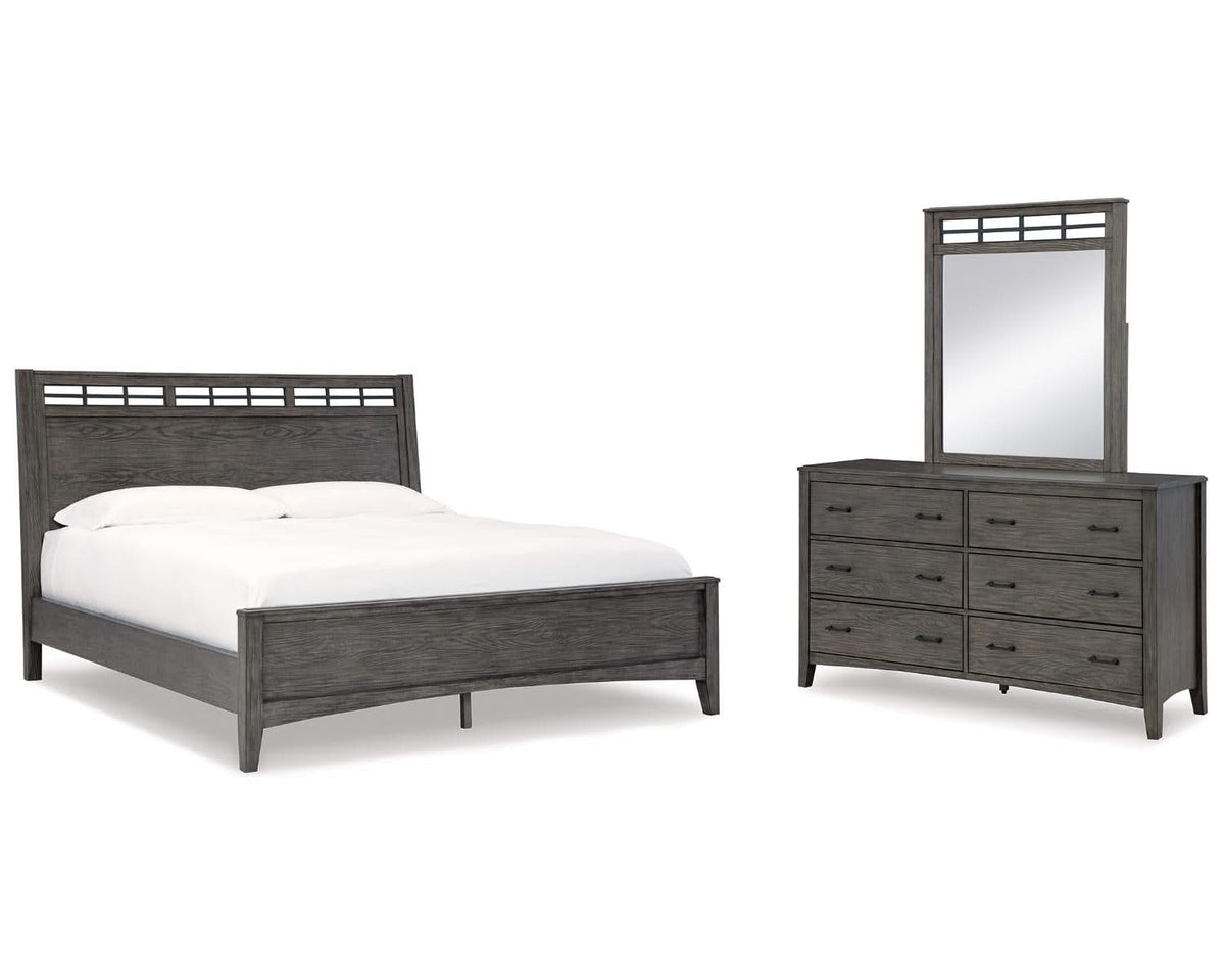 Cama Queen Montillan con paneles, cómoda y espejo
