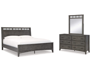 Cama Queen Montillan con paneles, cómoda y espejo