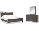Cama King con paneles, cómoda y espejo Montillan