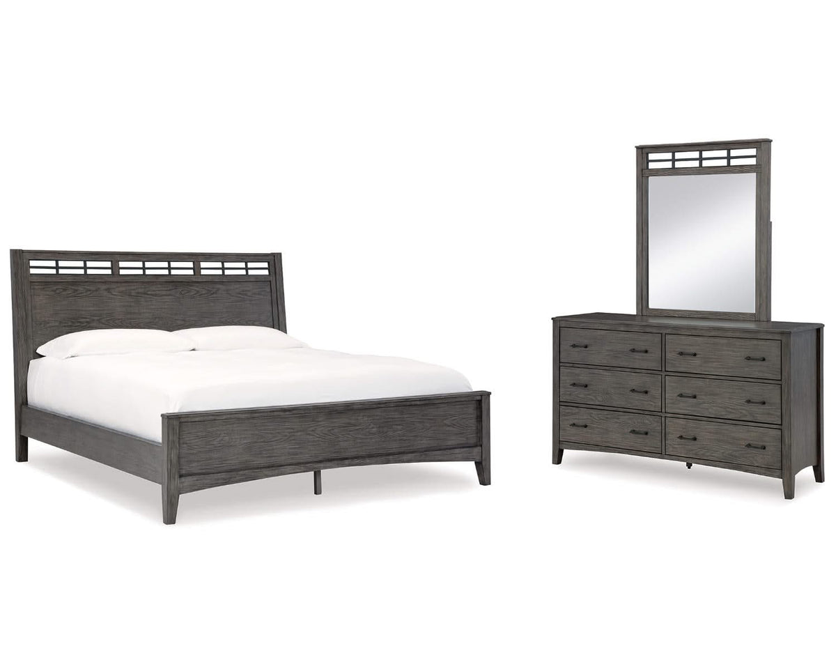 Cama King con paneles, cómoda y espejo Montillan