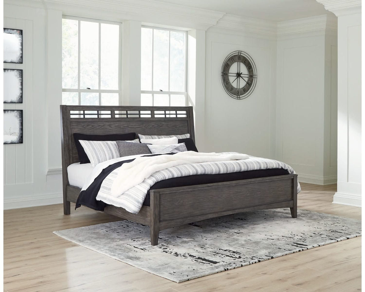 Cama King con paneles, cómoda y espejo Montillan