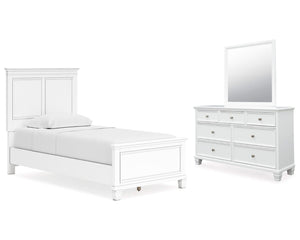 Cama doble Fortman con paneles, cómoda y espejo