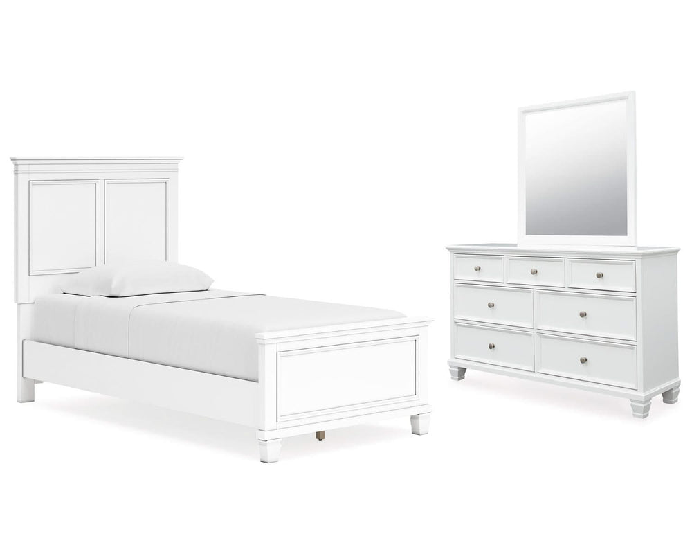 Cama doble Fortman con paneles, cómoda y espejo