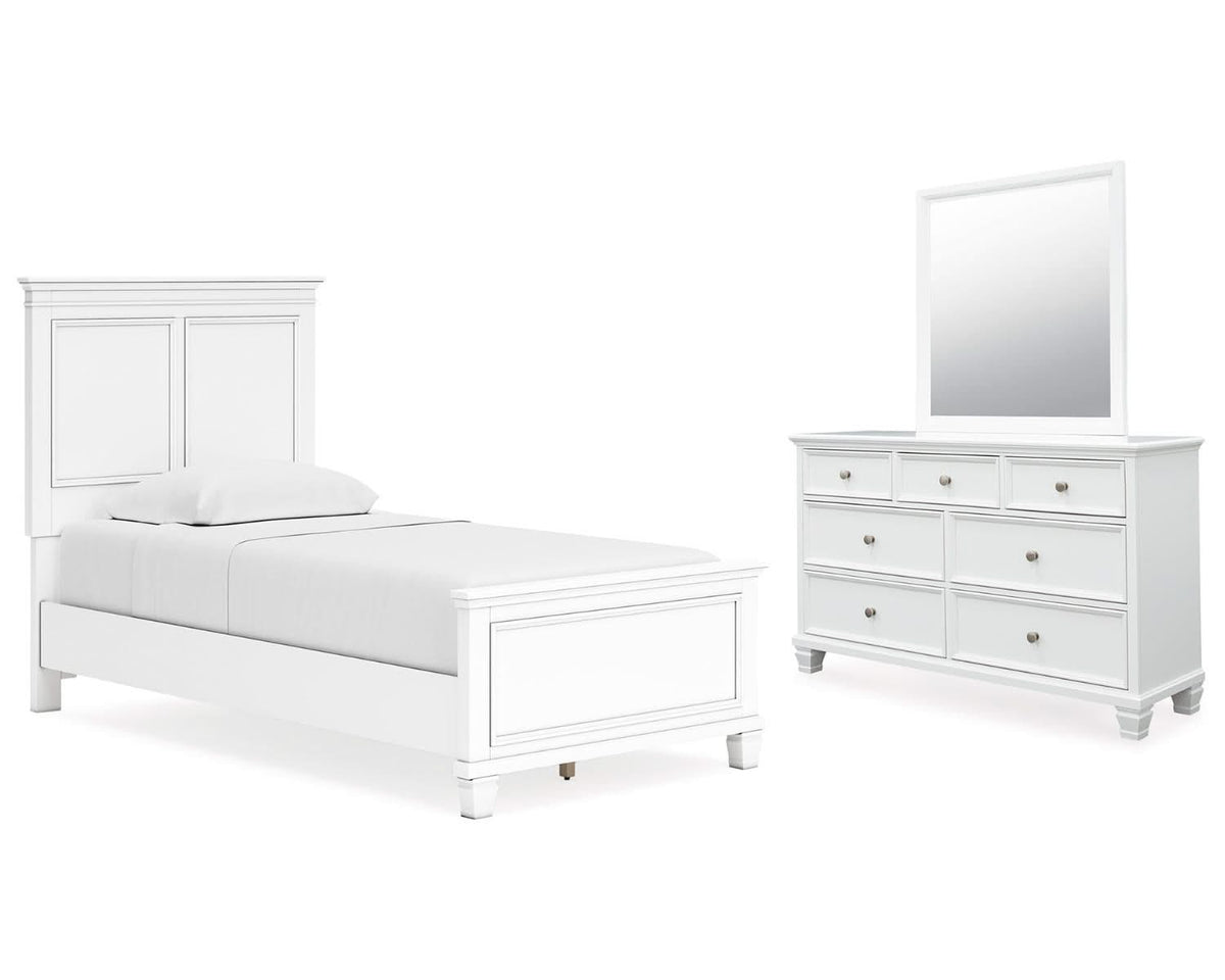 Cama doble Fortman con paneles, cómoda y espejo