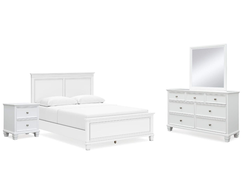 Cama Queen Fortman con paneles, tocador, espejo y mesita de noche