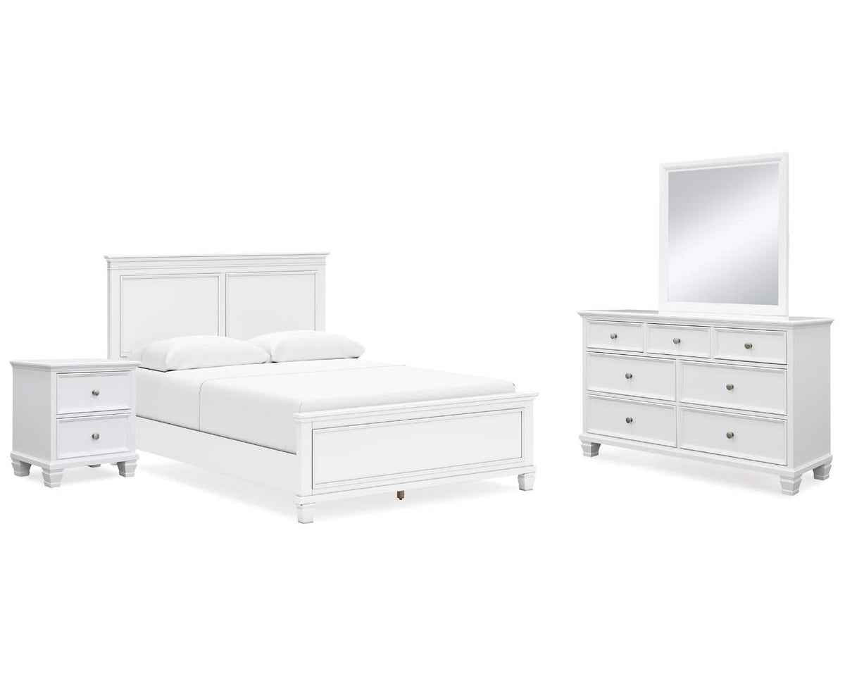 Cama Queen Fortman con paneles, tocador, espejo y mesita de noche