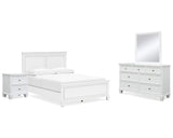 Cama Queen Fortman con paneles, tocador, espejo y mesita de noche