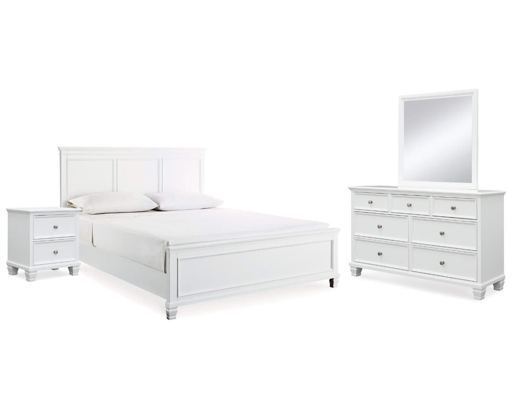 Cama King Fortman con paneles, tocador, espejo y mesita de noche