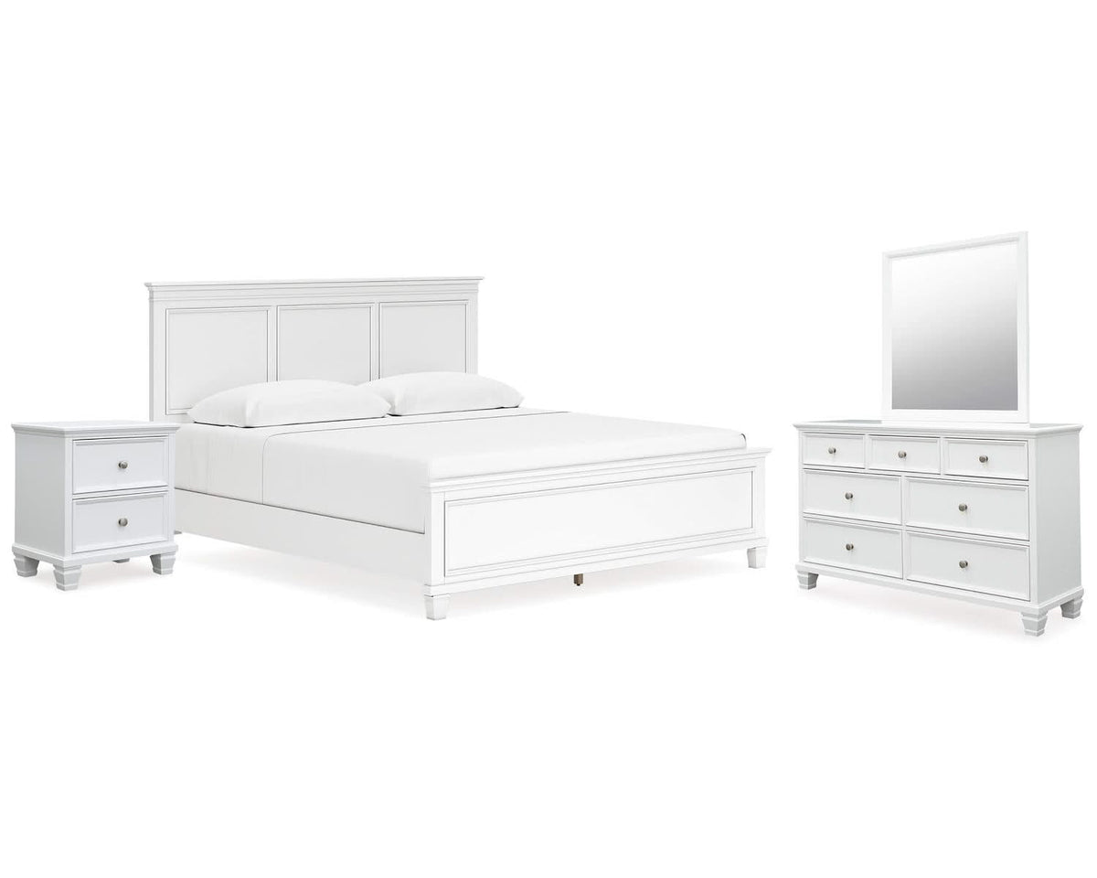Cama King Fortman con paneles, tocador, espejo y mesita de noche
