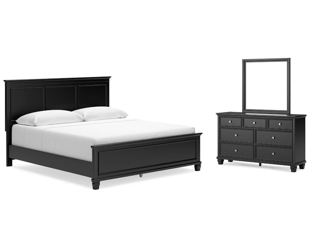 Cama King con paneles, tocador y espejo Lanolee