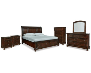 Cama Porter King tipo trineo con almacenaje, tocador, espejo, cómoda y dos mesitas de noche