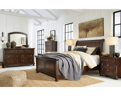 Cama Queen Porter con almacenamiento, tocador, espejo, cómoda y dos mesitas de noche