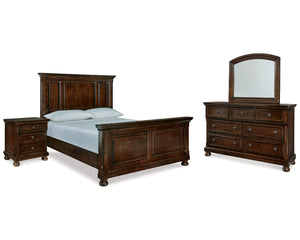 Cama Queen Porter con paneles, tocador, espejo y mesita de noche