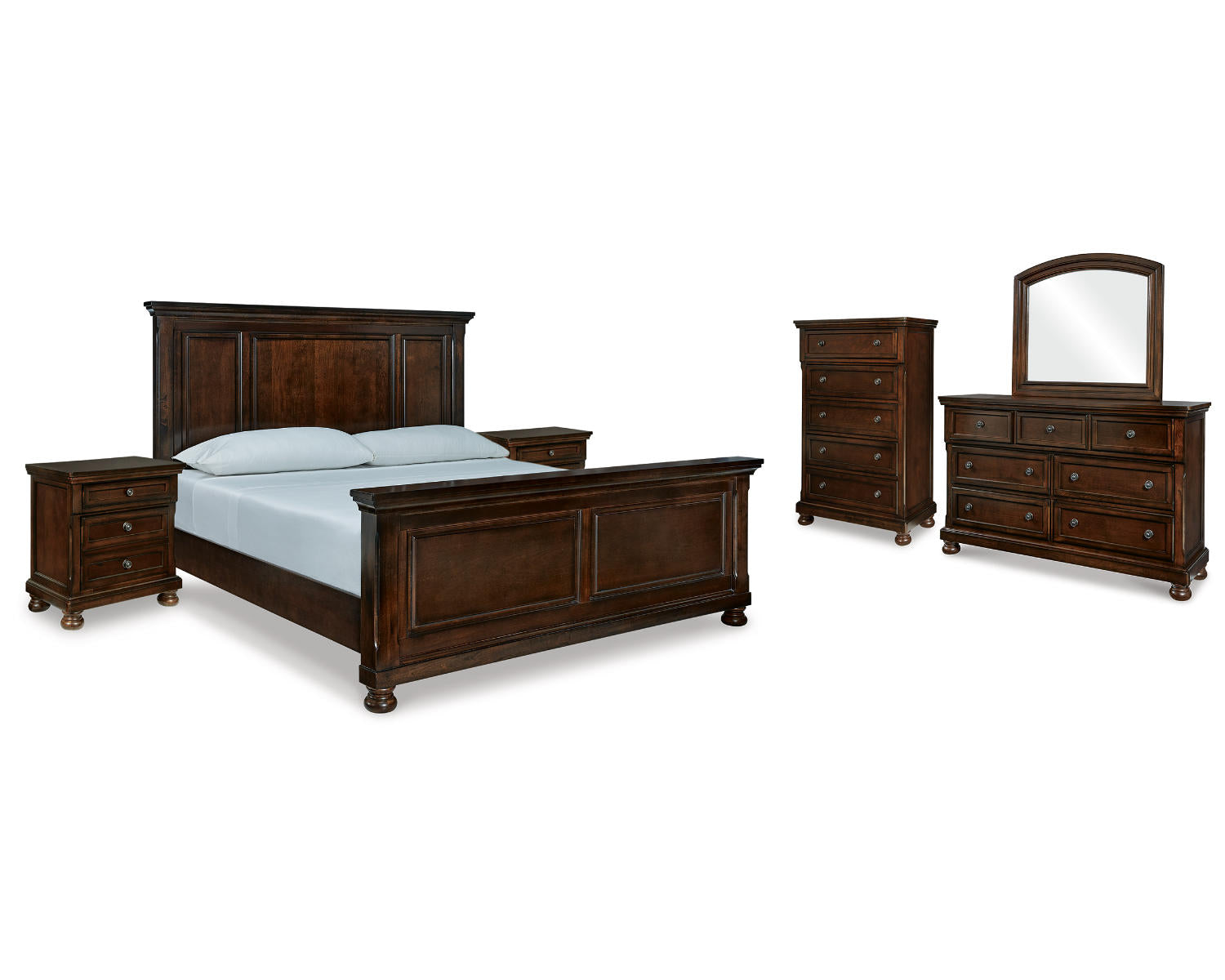 Porter California King Panel Bed, Dresser, Mirror, Chest and 2 Nightstands
