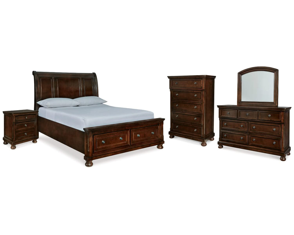 Cama Queen tipo trineo Porter, tocador, espejo, cómoda y mesita de noche