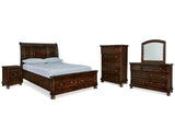 Cama Queen tipo trineo Porter, tocador, espejo, cómoda y mesita de noche