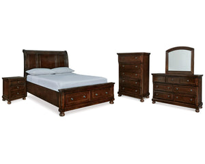 Cama Queen tipo trineo Porter, tocador, espejo, cómoda y mesita de noche