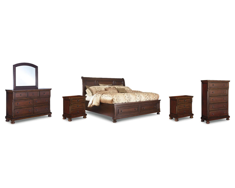 Cama Queen Porter con almacenamiento, tocador, espejo, cómoda y dos mesitas de noche