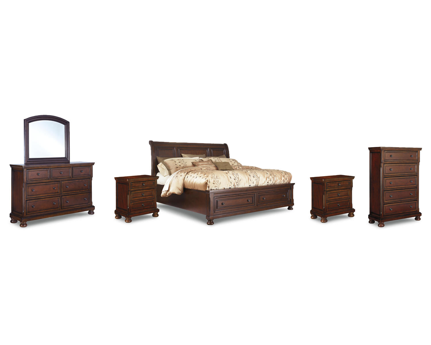 Porter Queen Sleigh Storage Bed, Dresser, Mirror, Chest, and 2 Nightstands