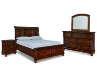 Cama Queen Porter con almacenamiento, tocador, espejo y mesita de noche