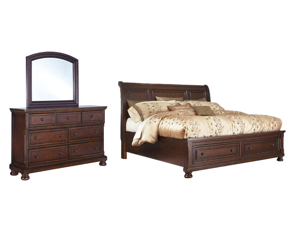 Cama tipo trineo Porter California King, tocador y espejo