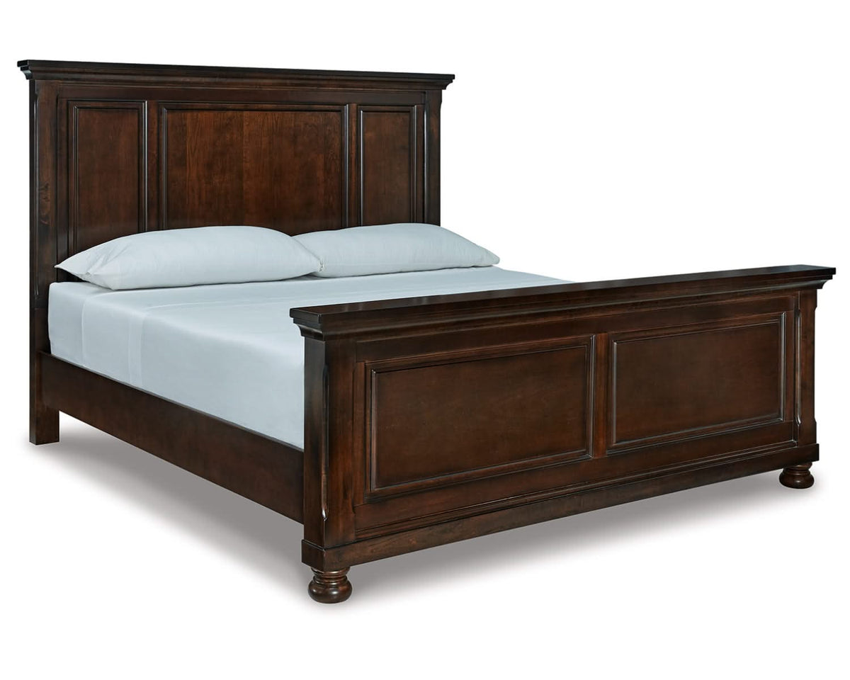 Cama Porter King con paneles, tocador, espejo, cómoda y mesita de noche