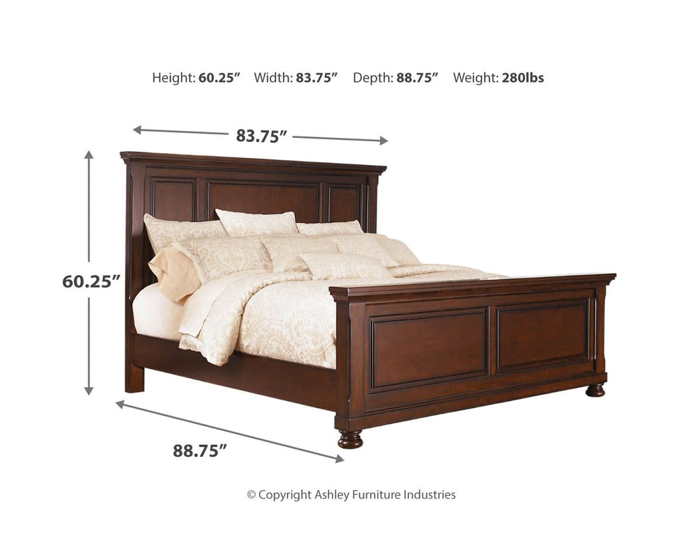 Cama Porter King con paneles, tocador, espejo y cómoda