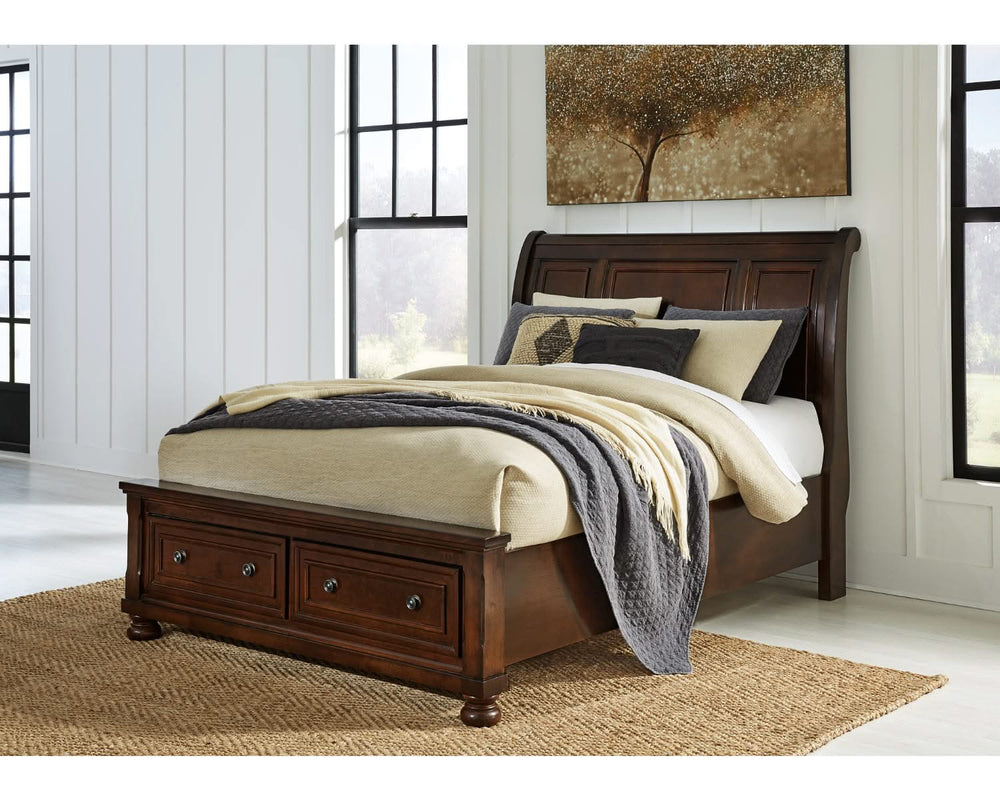 Cama Queen Porter con almacenamiento, tocador, espejo y mesita de noche