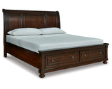 Cama Porter King tipo trineo con almacenaje, tocador, espejo, cómoda y dos mesitas de noche
